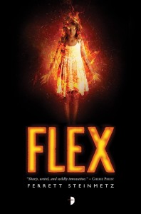 A girl, on fire, in a white dress over the word FLEX on a black background