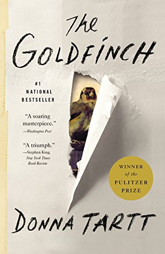 A goldfinch peeking through a ripped paper with the title and author in a handwritten font above and below