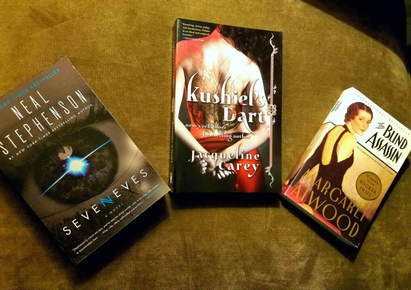 L to R: Seveneves by Neal Stephenson, Kushiel's Dary by Jacqueline Carey, The Blind Assassin by Margaret Atwood