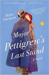 A book cove. Blue background, two hats, a man and woman's coat hanging on an old coat rack