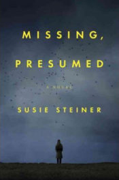 book cover of Missing, Presumed by Susie Steiner, showing yellow type over a greyscale image of a woman silhouetted against the sky, with birds flying overhead