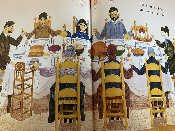 Illustration of oldfashioned family sitting around a large table, heads bowed in prayer