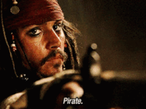 Gif, Jack Sparrow pointing a gun, saying "pirate" 