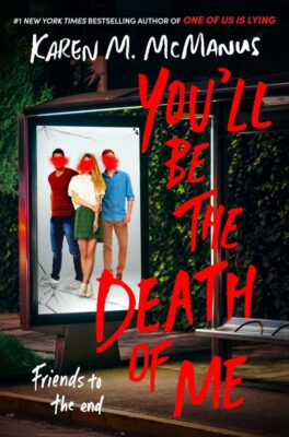 Book cover, featuring an image of three teens with their faces scratched out on the cracked glass of a bus stop, with the title and author name written in angry, all-caps, script-like text.
