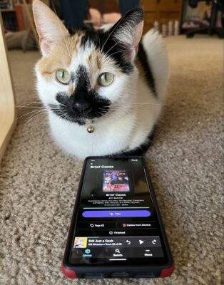 A small, calico cat lying down with her legs tucked underneath behind a cell phone showing a picture of the audio book "Brief Cases" by Jim Butcher