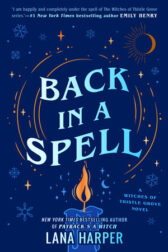 Back in a spell book cover. Features text on a blue background with snowflakes and astrological symbols. A lit candle is in the foreground.