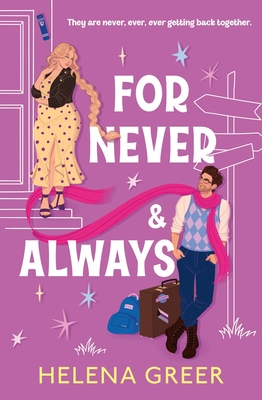 The illustrated cover of Helena Greer's For Never & Always. In the upper left corner, Hannah stands in front of a door with a mezuzah. She is wearing a black leather jacket over a long yellow dress. She is looking at Levi "Blue" in the lower right corner. Her hair, in a long braid, is swinging towards Levi. Levi leans against a signpost with his luggage next to him and a very long scarf wrapped around his neck and also partly around Hannah's feet. 