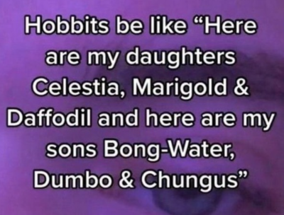 Meme: Hobbits be like "Here are my daughters Celestia, Marigold and Daffodil and here are my sons Bong-Water, Dumbo and Chungus."