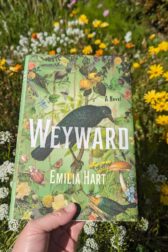 The book, "Weyward", by Emilia Hart held in front of blooming California wildflowers.