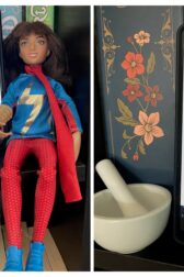 Two images side by side. One a cellphone showing the audiobook, "MCU: The Reign of Marvel Studios" next to an action figure of Ms. Marvel. The other shows a cellphone displaying the audiobook, "Lessons in Chemistry" next to a small mortar and pestle.