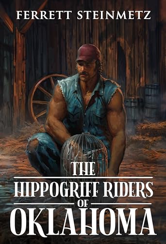 A muscular man in a sleeveless denim shirt & baseball cap crouches next to a cage with a baby dragon inside