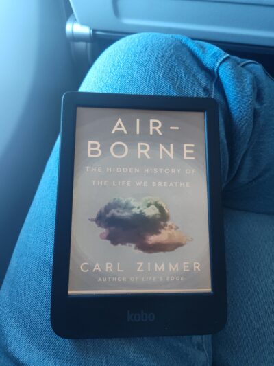 Ereader with book cover—blue—while sitting in an economy plane seat