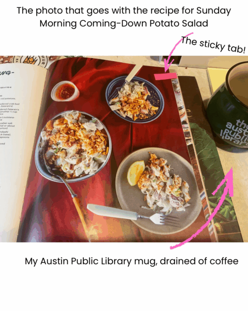 Picture of the photo of Sunday Morning Coming-Down Potato Salad from Turkey and the Wolf. Please note the pink sticky tag and the Austin Public Library mug. 