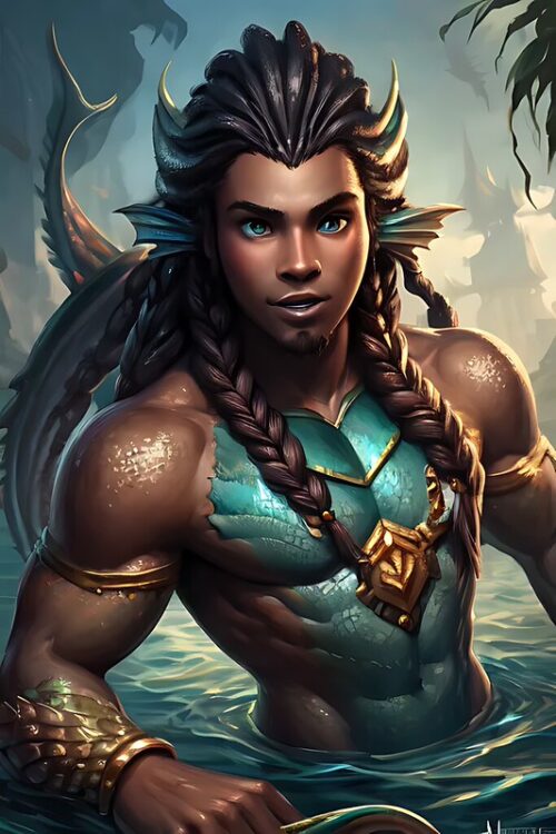 Fantasy-style art of a brown-skinned merman. He has very muscular arms, braided hair, and is wearing blue plate armor.