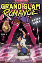 cover of Grand Slam Romance Book One, a person is sliding towards a plate and we see the long, pink clad legs, short skirt, and pink hair of the person standing over it.