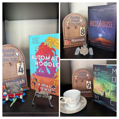 A triptych of three vignettes made into a collage. One shows the book, "Automatic noodle" by Annalee Newitz with wind up robots. A second shows, "Rose House" by Arkady Martine with a desert rose gypsum crustal and three quartz crystals. The third shows, "Service Model" by Adrian Tchaikovsky with a porcelain cup of tea on a saucer.