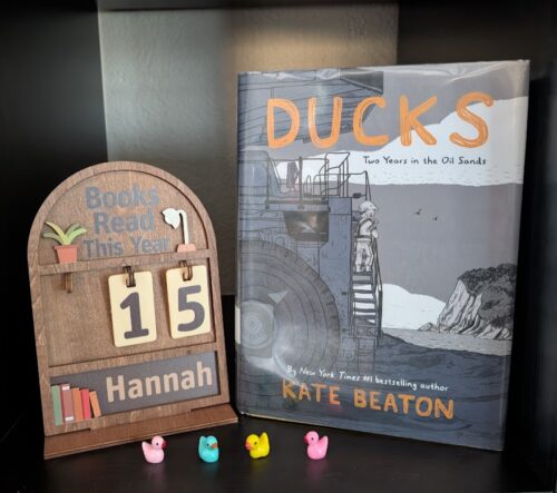 A book counter staying that 15 books have been read this year next to the book "Ducks" by Kate Beaton. In front of them is a row of tiny plastic ducks.