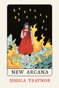 a book cover that looks like a tarot card, showing a woman in a red dress looking at a phone walking through a landscape of fire and ice.