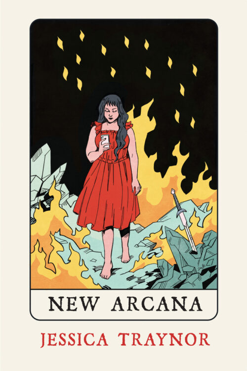 a book cover that looks like a tarot card, showing a woman in a red dress looking at a phone walking through a landscape of fire and ice. 