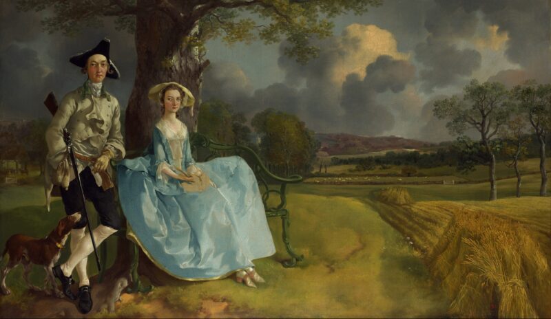 The oil painting Mr and Mrs Andrews, by Thomas Gainsborough, circa 1750. Two seated figures survey their property